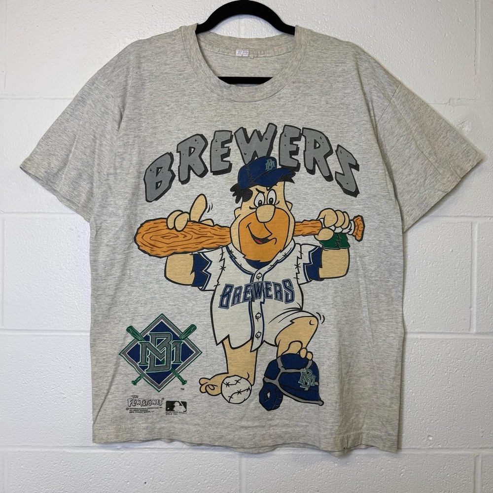 Vintage 90s Milwaukee Brewers MLB Baseball Shirt Men'ss L Fred Flintstones Grey